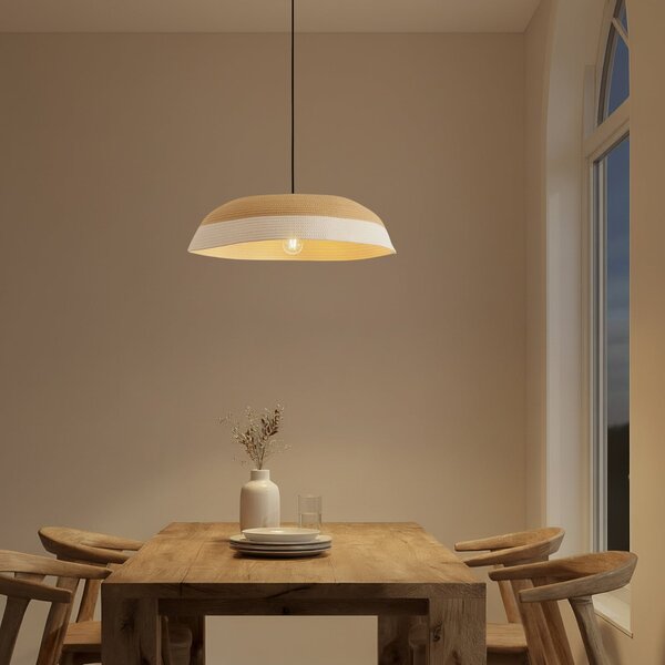 Lindby Lampă suspendată Caliva, Ø 60 cm, bej/alb, cablu de cânepă, Bej, Camera de zi / sufragerie, Țesătură / Textil, Modern