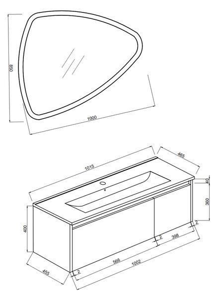 Mobilier De Baie, 100cm, Bej Mat, Cu Lavoar și Oglindă Triunghiulară Led 100x85 | Monaco