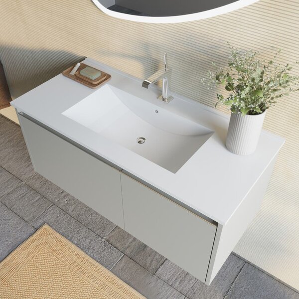 Mobilier De Baie, 100cm, Bej Mat, Cu Lavoar și Oglindă Triunghiulară Led 100x85 | Monaco