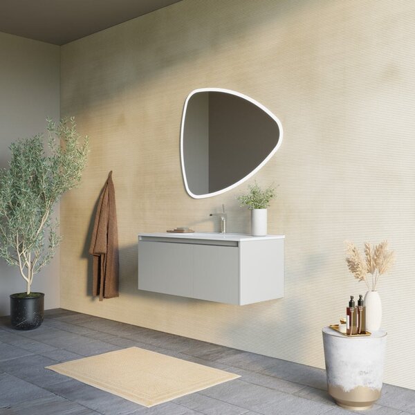 Mobilier De Baie, 100cm, Bej Mat, Cu Lavoar și Oglindă Triunghiulară Led 100x85 | Monaco