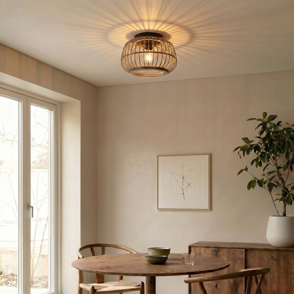 Lindby plafonieră Bominio, Ø 40 cm, rattan, lemn, E27, reglabil, Lemn, Camera de zi / sufragerie, Lemn, Scandinavă