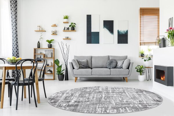 Covor MEFE modern Cerc 8722 Linii vintage - structural două niveluri de lână gri / alb
