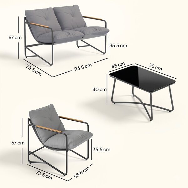 Set de Grădină Outsunny cu Canapea, 2 Fotolii și Măsuță cu Blat din Sticlă, Mobilier de Exterior cu Perne Groase, Gri Deschis | Aosom Romania