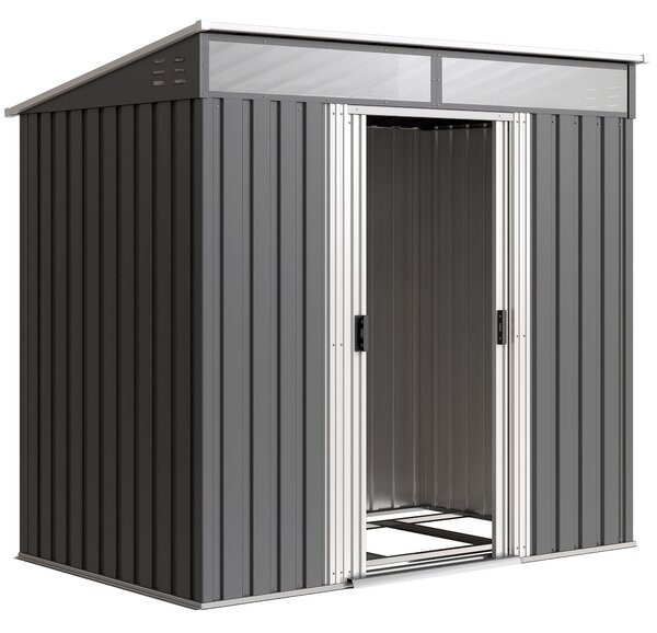 Outsunny Magazie 6,5 x 4 FT din metal galvanizat cu fundatie pentru gradina, Depozit cu incuietoare pentru unelte, Gri