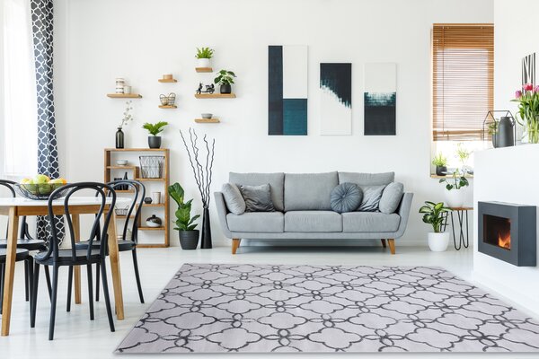 Covor MEFE modern 8504 Spalier, Flori structural două niveluri de lână gri inchis