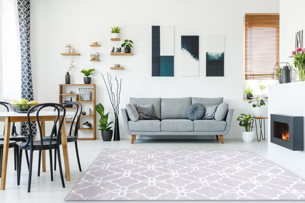 Covor MEFE modern 8504 Spalier, Flori structural două niveluri de lână gri / alb