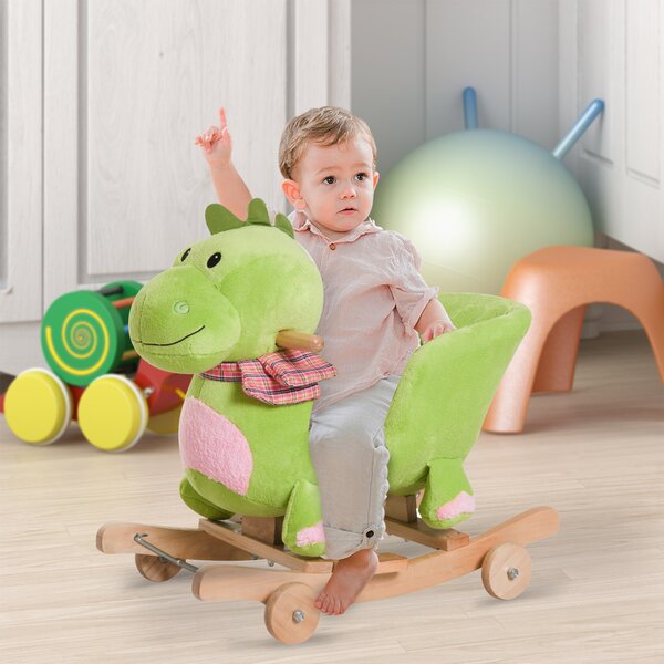 Calut Balansoar cu Roti, Calut Balansoar sub Forma de Dragon pentru Copii 18-36 luni, din Lemn si Plus Verde HOMCOM | Aosom Romania