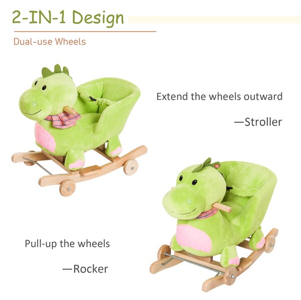 Calut Balansoar cu Roti, Calut Balansoar sub Forma de Dragon pentru Copii 18-36 luni, din Lemn si Plus Verde HOMCOM | Aosom Romania
