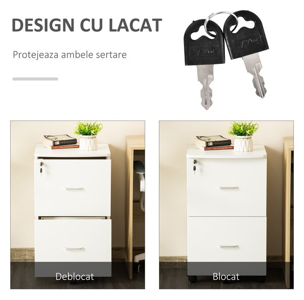 Vinsetto Dulap mobil pentru dosare cu 2 sertare, cu blocare, dulap de birou din lemn cu roti de blocare pentru A4 | Aosom Romania