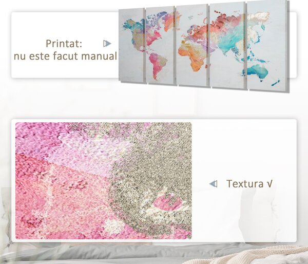 HOMCOM Set 5 Piese Arta de Perete Canvas Harta Lumii Tablouri Decorative pentru Dormitor Sufragerie 80x40 cm | Aosom Romania