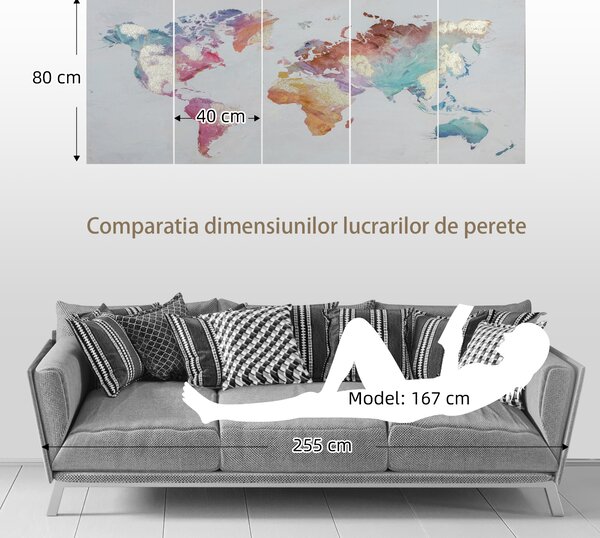 HOMCOM Set 5 Piese Arta de Perete Canvas Harta Lumii Tablouri Decorative pentru Dormitor Sufragerie 80x40 cm | Aosom Romania