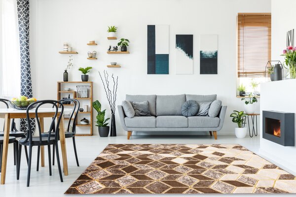 Covor MEFE modern B400 Cub, geometric 3D - structural două niveluri de lână bej închis