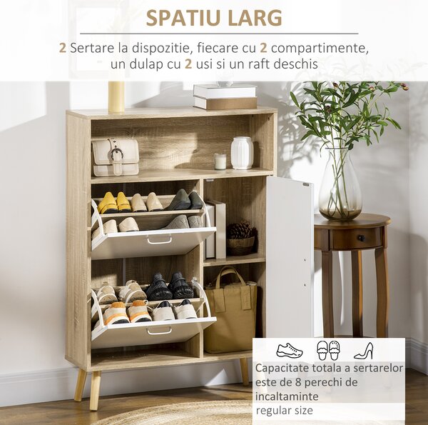 Pantofar cu 2 usi rabatabile si dulap pentru pantofi HOMCOM, reglabil, natural, alb | Aosom Romania