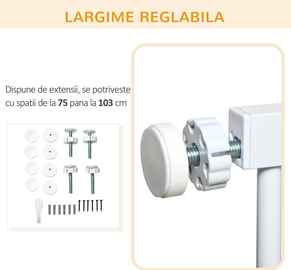 PawHut Barieră de Securitate Autoînchidere pentru Uși și Scări, Poartă de Protecție pentru Animale, Reglabilă 75-103 cm, Alb | Aosom Romania