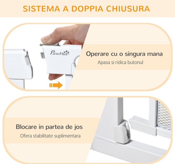 PawHut Barieră de Securitate Autoînchidere pentru Uși și Scări, Poartă de Protecție pentru Animale, Reglabilă 75-103 cm, Alb | Aosom Romania