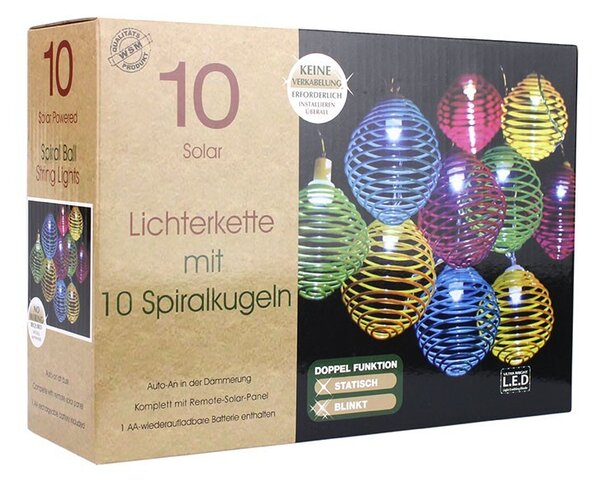 Ghirlanda solara LED, 10 spirale colorate, diametru glob 5.5 cm