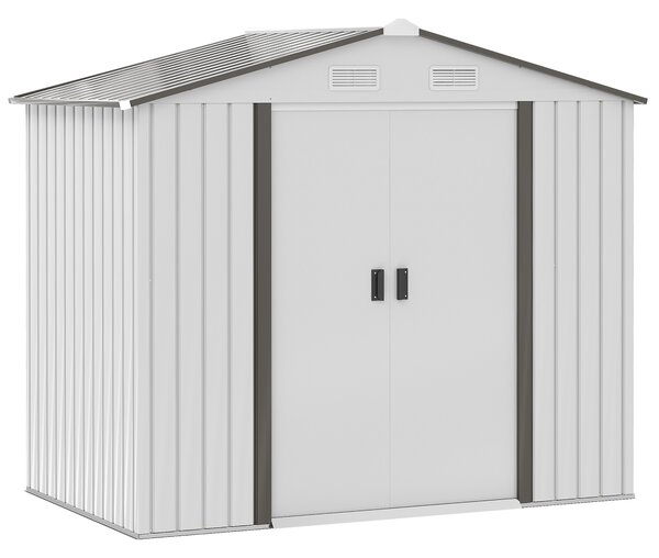 Sopron de gradina din tabla de otel, casuta de gradina cu usi glisante, pentru depozitare si organizare 213x130x185 cm, alb Outsunny | Aosom Romania