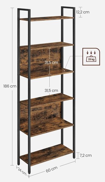 Biblioteca TAYLOR 6 rafturi 186x60cm, rustic maro