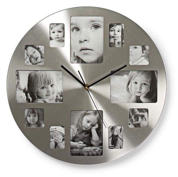 Ceas de perete cu rama foto, 12 poze, 40 cm, mecanism Quartz, argintiu