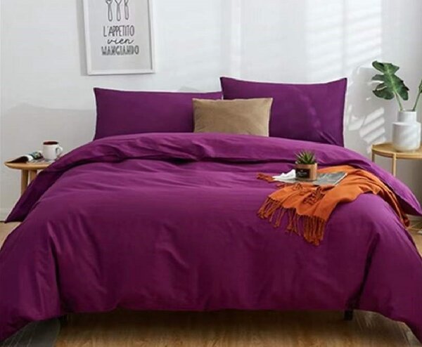 Lenjerie de pat pentru o persoana cu husa elastic pat si fata perna dreptunghiulara, Thalia, bumbac ranforce, gramaj tesatura 120 g mp, Purple
