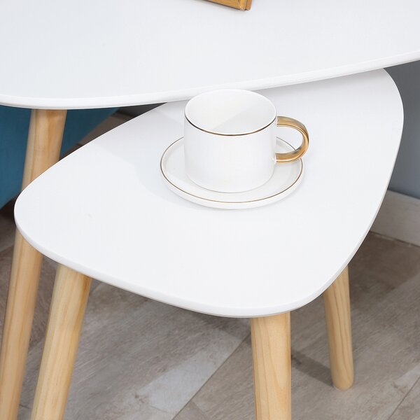 Set de 2 masute laterale HOMCOM moderne, mese cuib triunghiulare din MDF si Lemn de Pin 59.5x39.5x45cm Alb, Natural | Aosom Romania