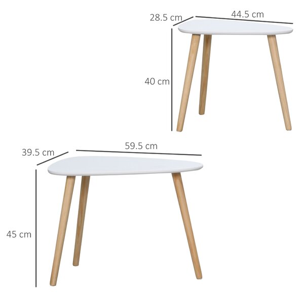Set de 2 masute laterale HOMCOM moderne, mese cuib triunghiulare din MDF si Lemn de Pin 59.5x39.5x45cm Alb, Natural | Aosom Romania