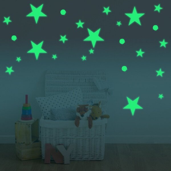 Set 75 stickere fosforescente decorative, stele, buline, lumineaza verde, dimensiuni 1-4 cm
