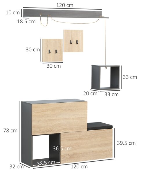 HOMCOM Organizator pentru Hol cu Bancă pentru Pantofi și Cuier, Design Modern cu Suport pentru Haine și Raft, Gri și Natural | Aosom Romania