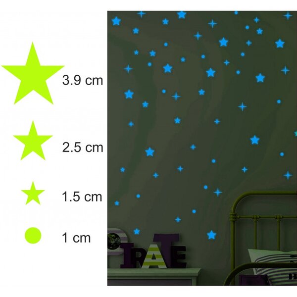 Set 75 stickere fosforescente glow albastre, forme stelute si buline, autoadezive, 1- 4 cm