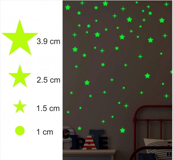 Set 75 stickere fosforescente decorative, stele, buline, lumineaza verde, dimensiuni 1-4 cm