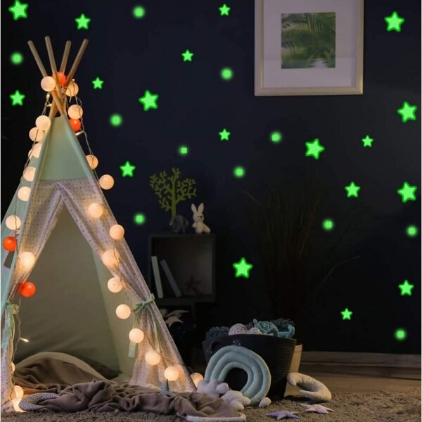 Set 75 stickere fosforescente decorative, stele, buline, lumineaza verde, dimensiuni 1-4 cm
