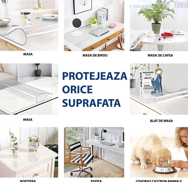 Protectie PVC fata de masa, mobilier, 1.5 mm grosime, 120x90 cm, transparenta clear