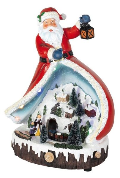 Decoratiune de Craciun, tip sceneta muzicala, cu ornament Mos Craciun si trenulet rotativ, iluminata LED, 31 cm
