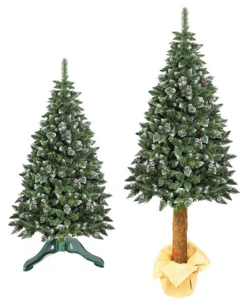 Brad artificial de Craciun, Pine Deluxe 220 cm cu conuri naturale, varfuri albe, tulpina de lemn, suport inclus