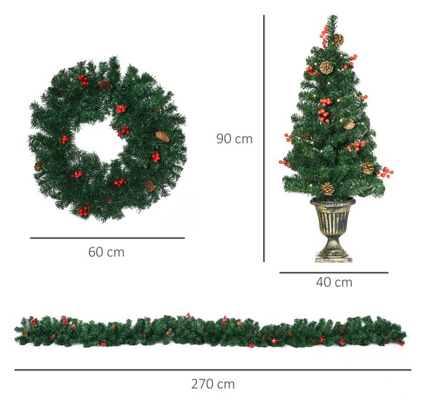 HOMCOM Set de decoratiuni pentru Craciun set 4 piese, coroana de ghirlande si set de 2 copaci cu lumini LED | AOSOM RO