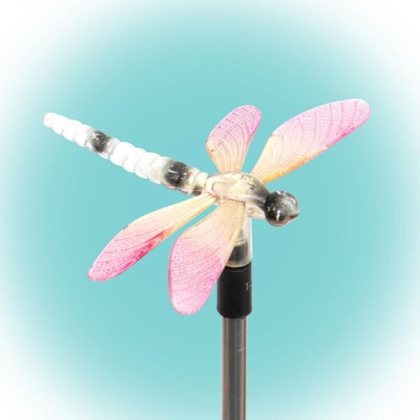 Decoratiune solara libelula roz, LED alb rece, suport fix, inaltime 50 cm
