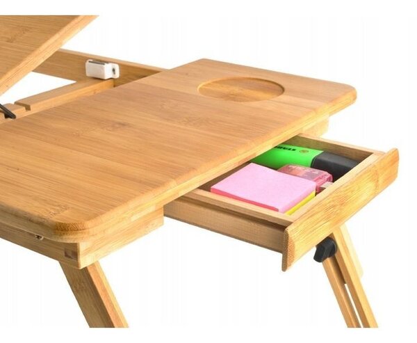 Masuta laptop 14 inch, pliabila, suport pahar, sertar, lemn de bambus, 50x30 cm