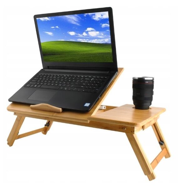 Masuta laptop 14 inch, pliabila, suport pahar, sertar, lemn de bambus, 50x30 cm