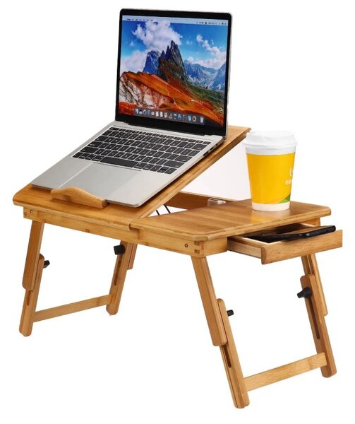 Masuta laptop 14 inch, pliabila, suport pahar, sertar, lemn de bambus, 50x30 cm