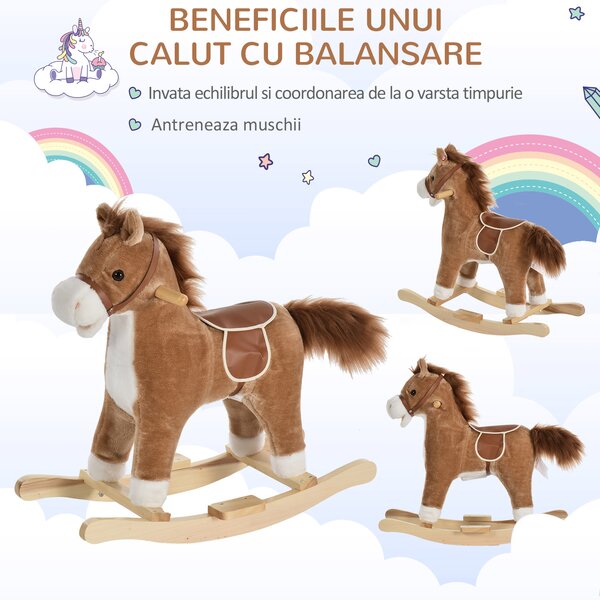 HOMCOM Căluț Balansoar din Lemn, pentru Copii 36-72 Luni cu Sunete Realiste și Șa, 65x32,5x61 cm, Maro | Aosom Romania