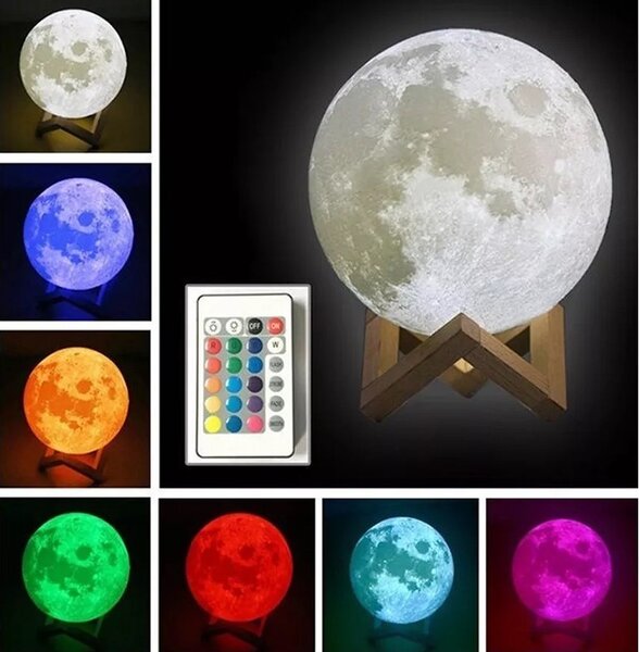 Lampa de veghe luna 3D 20 cm, 16 culori, telecomanda, suport lemn, reincarcabila USB