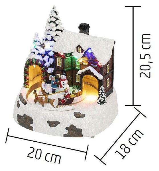 Diorama Craciun, LED-uri multicolore, sanie rotativa cu reni, om de zapada, 20.5x20 cm