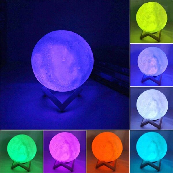 Lampa de veghe luna 3D 20 cm, 16 culori, telecomanda, suport lemn, reincarcabila USB
