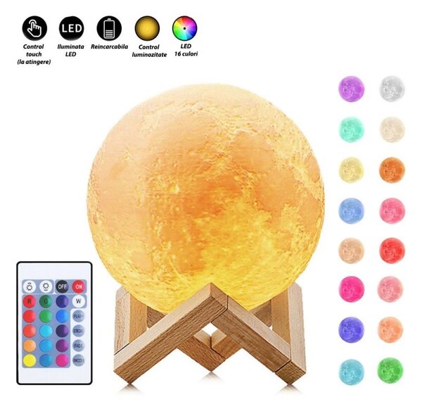 Lampa de veghe luna 3D 20 cm, 16 culori, telecomanda, suport lemn, reincarcabila USB