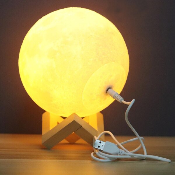 Lampa de veghe luna 3D 20 cm, 16 culori, telecomanda, suport lemn, reincarcabila USB