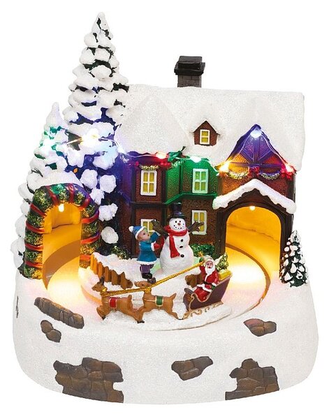 Diorama Craciun, LED-uri multicolore, sanie rotativa cu reni, om de zapada, 20.5x20 cm