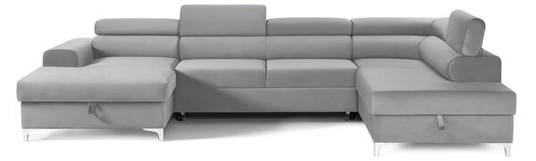Colțar Extensibil, în formă de U, TIME NEW, cu 2 lăzi de depozitare, cu tetiere reglabile, 360x220x95 cm, Gri-Silver-Velluto / Dreapta