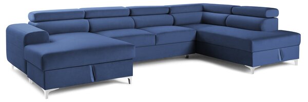 Colțar Extensibil, în formă de U, TIME NEW, cu 2 lăzi de depozitare, cu tetiere reglabile, 360x220x95 cm, Albastru-Velluto / Dreapta