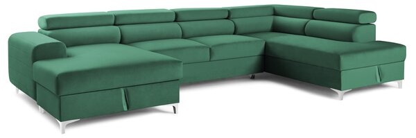 Colțar Extensibil, în formă de U, TIME NEW, cu 2 lăzi de depozitare, cu tetiere reglabile, 360x220x95 cm, Verde-Padure-Velluto / Dreapta