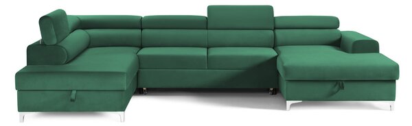 Colțar Extensibil, în formă de U, TIME NEW, cu 2 lăzi de depozitare, cu tetiere reglabile, 360x220x95 cm, Verde-Padure-Velluto / Stanga